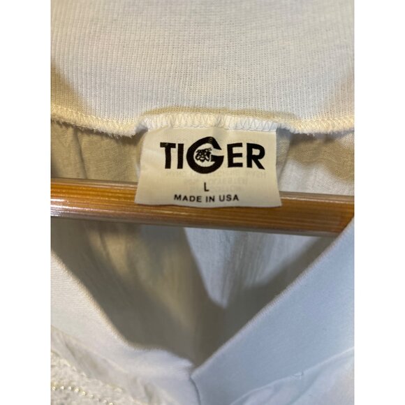 Vintage 90s Tiger White Lace Trim V Neck Top Sz L Banded Hem Sleeve Cuffs - Picture 5 of 8